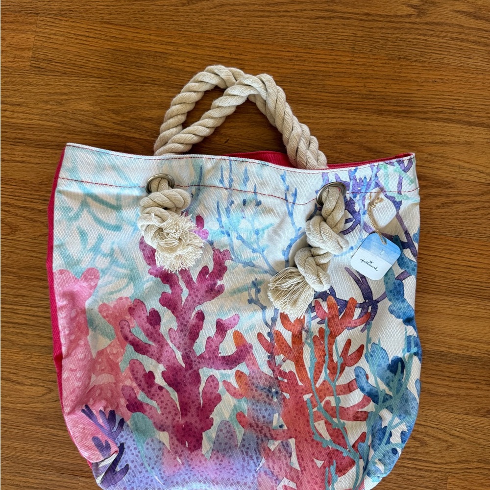 Canvas Rope-Handle Coral Print Tote Bag - Unbranded